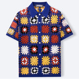 Fashion Florals Embroidery Knit Shirts Men's Summer New Casual Buttoned Lapel Cardigan Tops Men Vintage Hollow Out Crochet Shirt