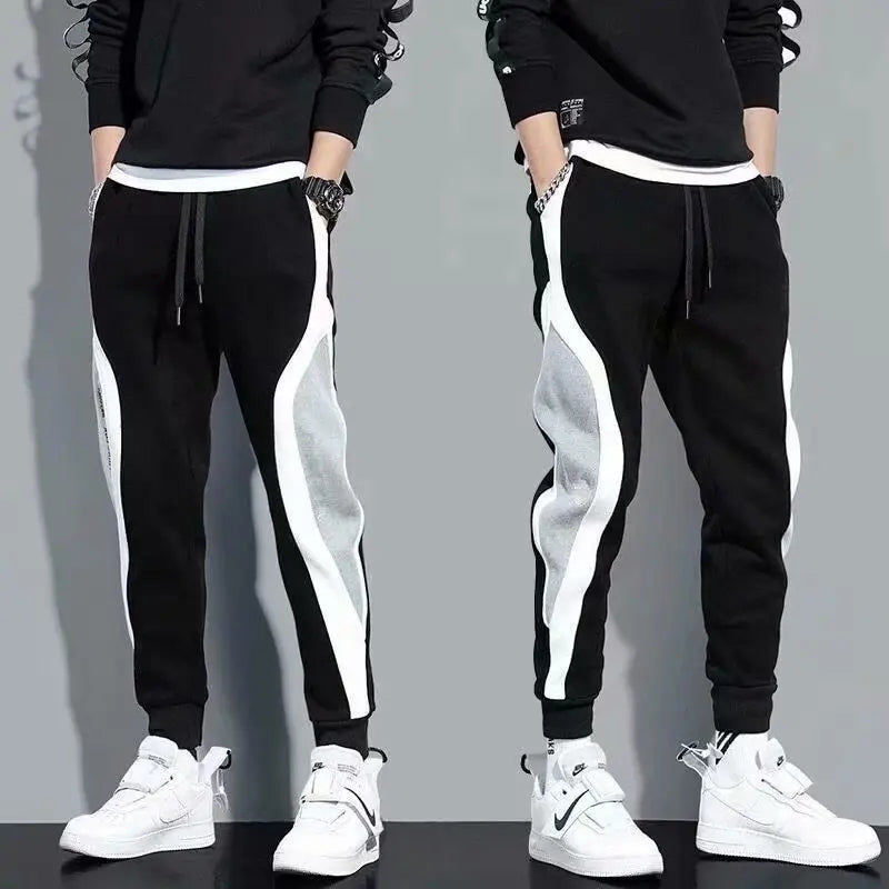 Men’s Sports Pants, Spring Autumn Loose-Fitting Leggings, Patchwork Running & Training Casual Pants, Fashion Outfit Trousers