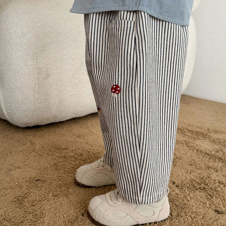 2026 Fall New Toddler Kids Pants Cotton Cartoon Embroidered Harem Pants Baby Boy Casual Striped Denim Baggy Trousers