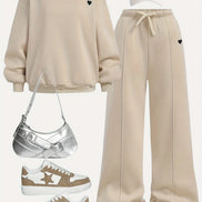 Children's Clothing for Girls, Autumn Outfit Set, Girls' Round-Neck Pullover and Wide-Leg Pants Set, Girls' Round-Neck Sweatshirt and Sports Sweatpants Two-Piece Set, Solid Color Stylish Clothes