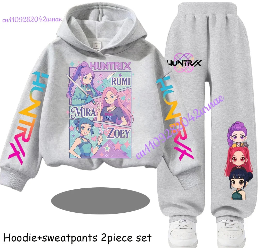 Kid Cloth KPop Demon Hunters Children's Hoodie Set with Boys' Casual Sports Shirt and Two Tone Girls' Soft and Comfortable Pants
