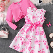 Children's clothing girl autumn fashion casual pink floral dress set 2-piece set - pink round neck vest+pink floral skirt