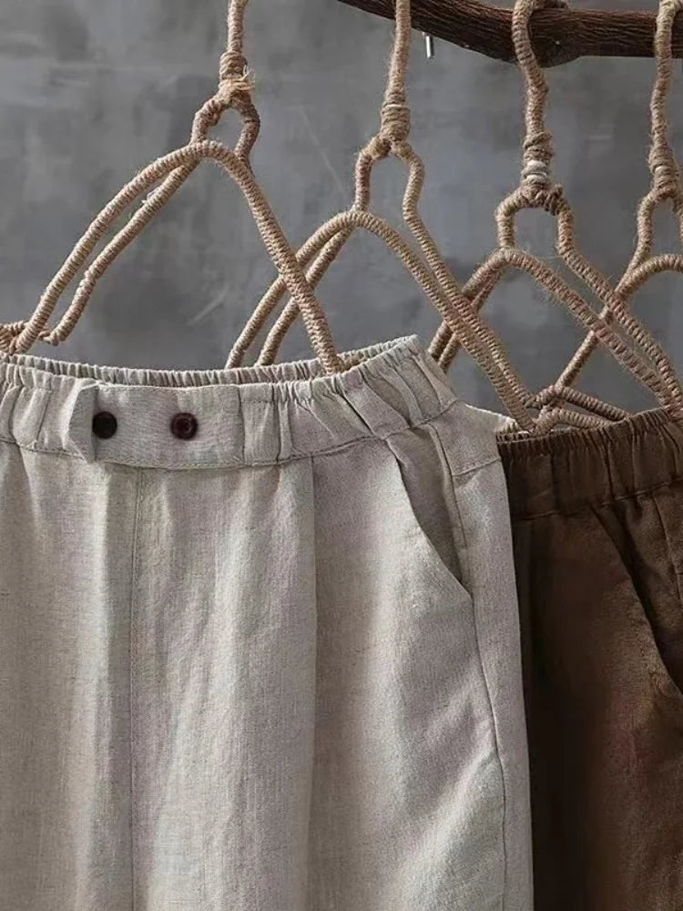 Women’s Elegant High-Waist Pants – Cotton Linen, Casual Loose Fit Long Trousers