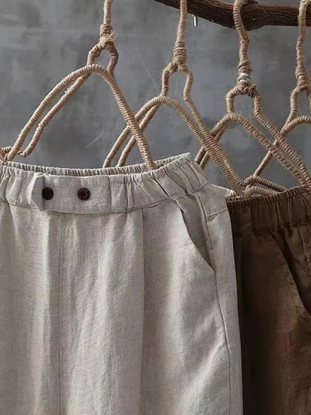 Women’s Elegant High-Waist Pants – Cotton Linen, Casual Loose Fit Long Trousers