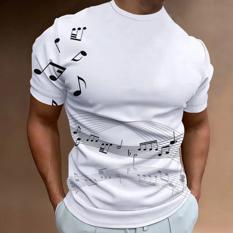 Men’s Fashion T-Shirt, 3D Musical Notation Print, Summer Casual Streetwear Top, Short Sleeve Loose Oversized Shirt