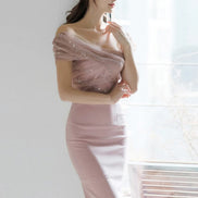 Women’s Sparkly Sequin Evening Dress – Elegant Off-Shoulder Backless Midi Party Prom Vestido