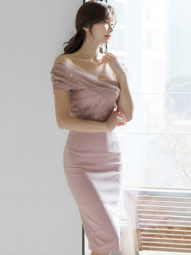 Women’s Sparkly Sequin Evening Dress – Elegant Off-Shoulder Backless Midi Party Prom Vestido