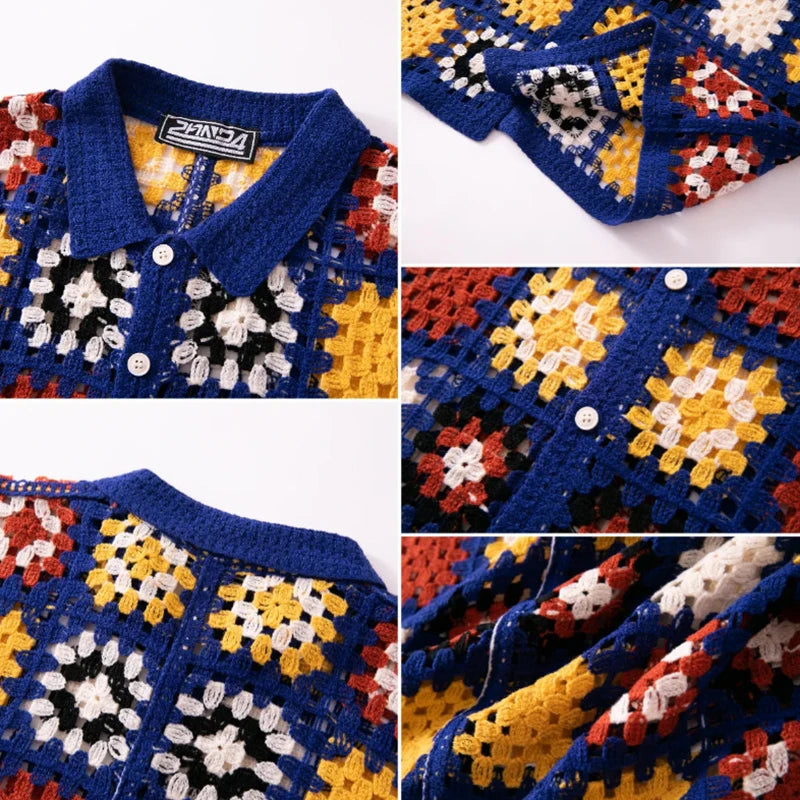 Men’s Floral Embroidered Knit Shirt, Summer Casual Buttoned Lapel, Vintage Crochet Hollow-Out Top