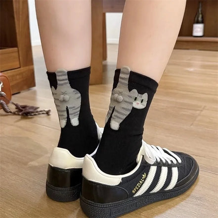 3D Cute Cat Socks Black/White Funny Cat Cotton Socks Breathable Soft Girl Women Novelty Stocking Kawaii Gift Sock Set