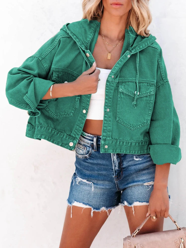 Women’s Hooded Denim Jacket, Vintage Casual Jean Coat, Trendy Long Sleeve Streetwear