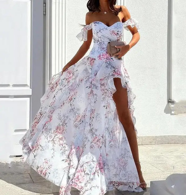 Elegant Party Dresses for Women, New Casual Fashion Print Trend, Sexy Off-Shoulder Strap Split Waist Dress for Vacation