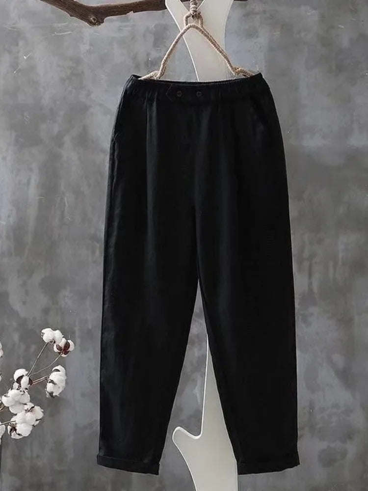 Women’s Elegant High-Waist Pants – Cotton Linen, Casual Loose Fit Long Trousers