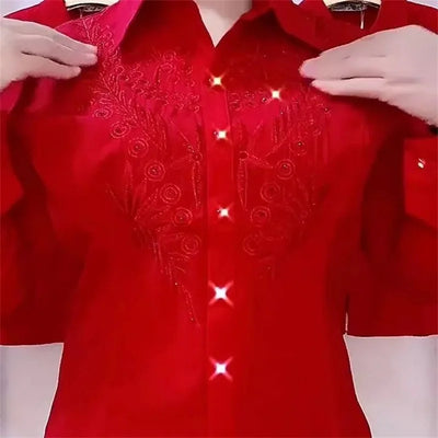 Women’s White, Red & Blue Shirt, Rhinestone Embroidery, Stylish Spring Summer Autumn Blouse