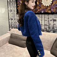 Women’s Short Tweed Jacket, Elegant White-Blue Buttoned Coat, Long Sleeve Office Streetwear