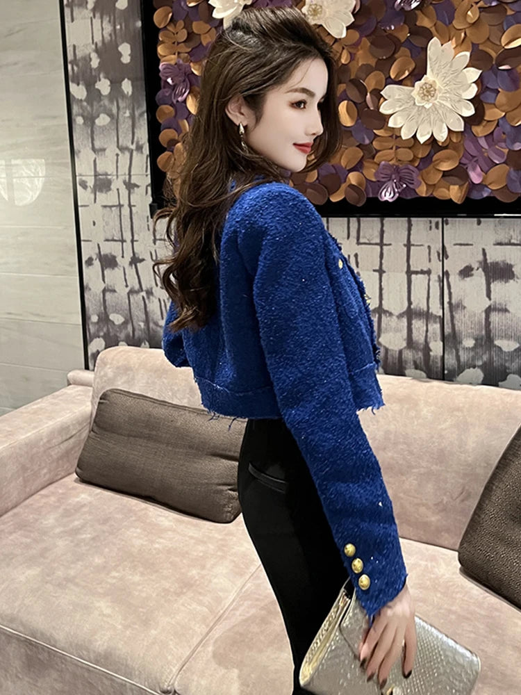 Women’s Short Tweed Jacket, Elegant White-Blue Buttoned Coat, Long Sleeve Office Streetwear