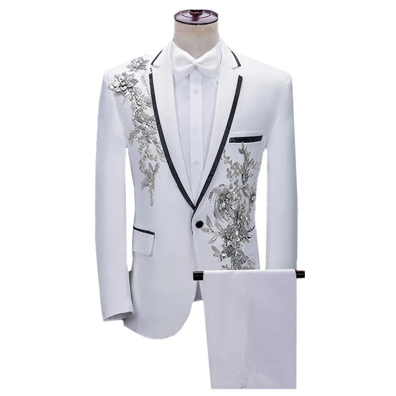 (Jacket + Pants) Men’s Fashion Wedding Banquet Party Flower Suit, Singer Pianist Stage Performance Splicing Dress Blazer and Trouser