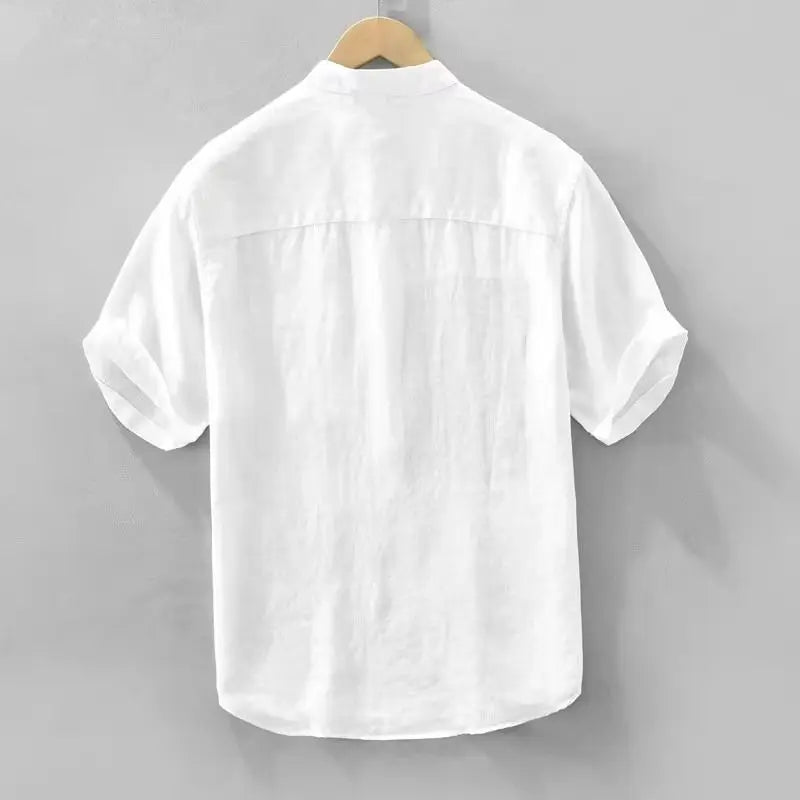 Men’s Summer Short-Sleeve Striped Shirt, Stand Collar, Casual Trendy Versatile Top