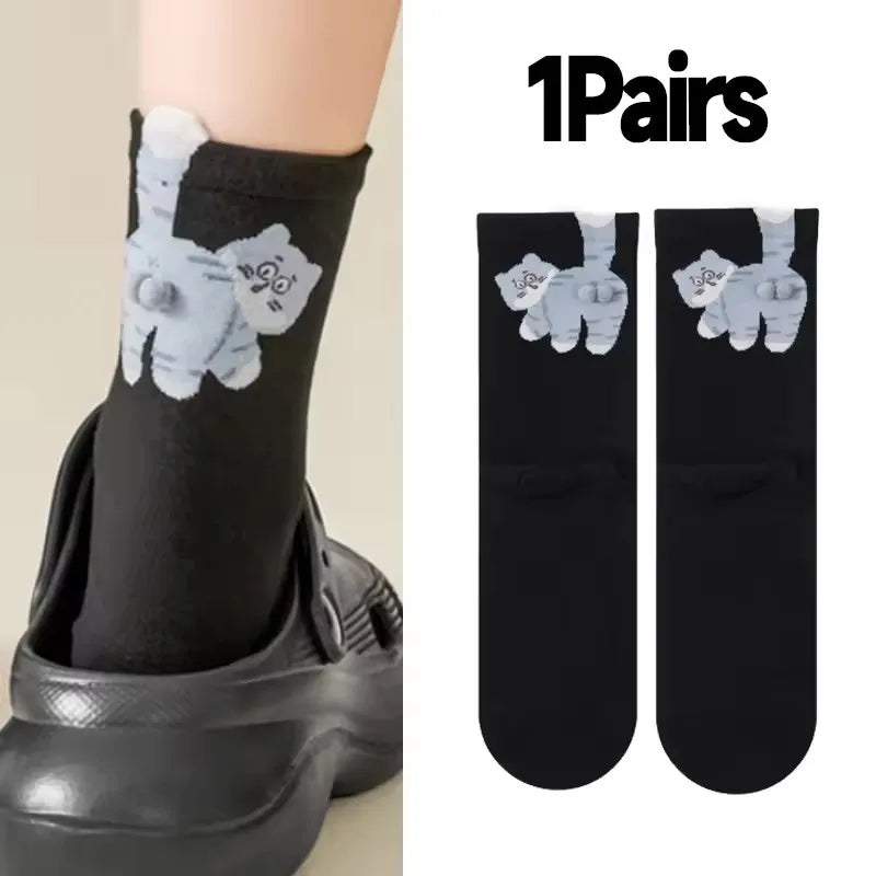 3D Cute Cat Socks Black/White Funny Cat Cotton Socks Breathable Soft Girl Women Novelty Stocking Kawaii Gift Sock Set