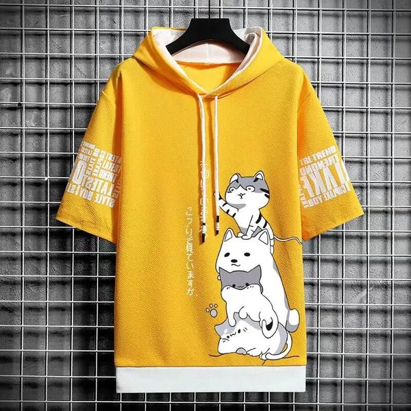 Men’s Summer Hoodie, Japan Fashion Cartoon Print, Casual Harajuku Streetwear, Short Sleeve Hooded Top Sweatshirt