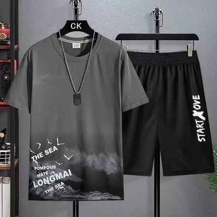 Men’s Trendy Summer Suit, Short Sleeve Tee and Shorts Set, 2-Piece Casual Gym Outfi