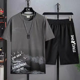 Men’s Trendy Summer Suit, Short Sleeve Tee and Shorts Set, 2-Piece Casual Gym Outfit, Student Tracksuit