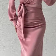 Women’s Autumn Satin Dress – Elegant Long Sleeve, Round Neck, Slim Fit Party Wear