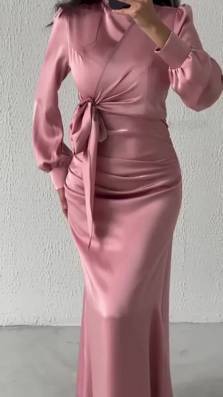 Women’s Autumn Satin Dress – Elegant Long Sleeve, Round Neck, Slim Fit Party Wear