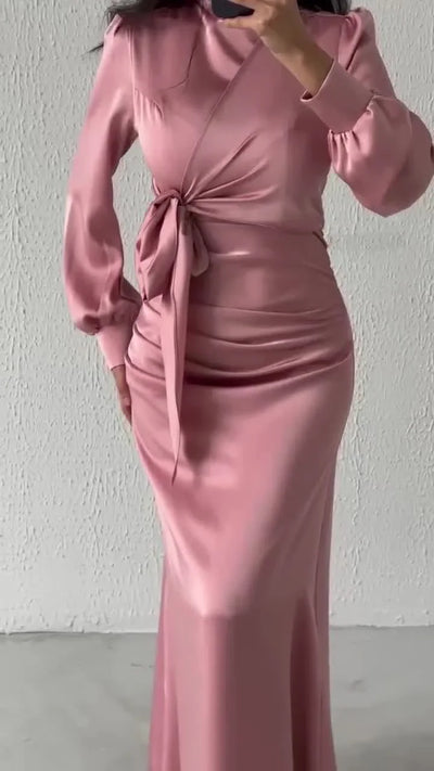 Women’s Autumn Satin Dress – Elegant Long Sleeve, Round Neck, Slim Fit Party Wear