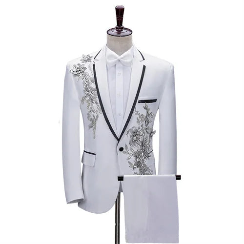 (Jacket + Pants) Men’s Fashion Wedding Banquet Party Flower Suit, Singer Pianist Stage Performance Splicing Dress Blazer and Trouser