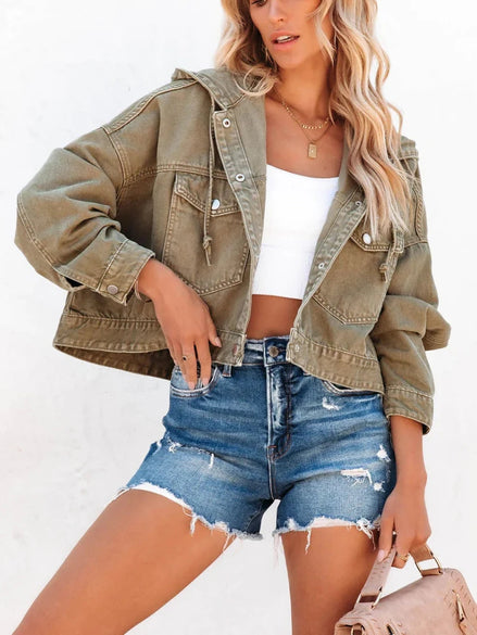 Women’s Hooded Denim Jacket, Vintage Casual Jean Coat, Trendy Long Sleeve Streetwear