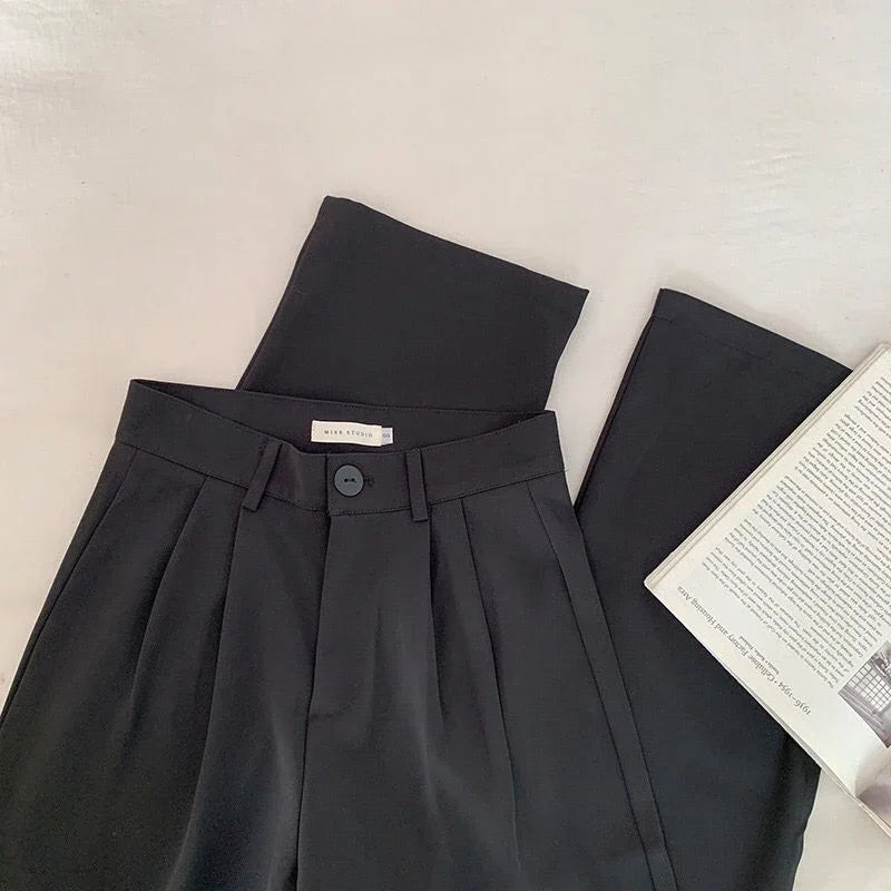High Waist Women’s Suit Pants, Fall Straight Office Trousers, Korean Fashion Casual Button Loose Female Black Pants