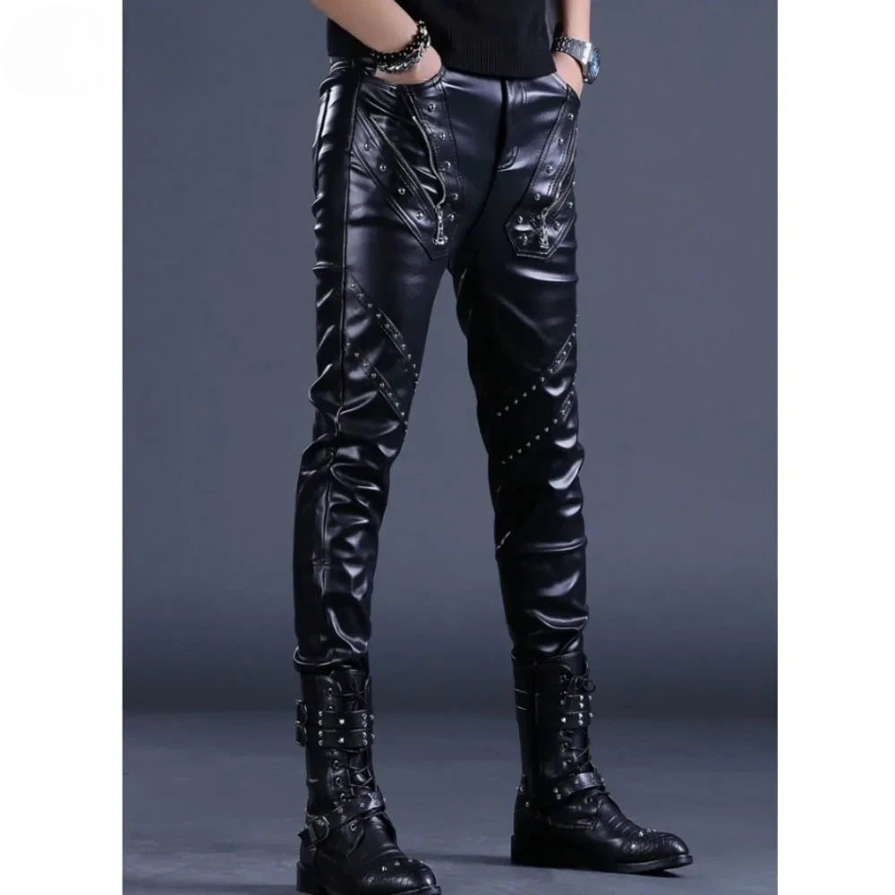 Men’s Rock Style PU Leather Pants – Slim Fit Motorcycle Trousers with Rivet Zipper