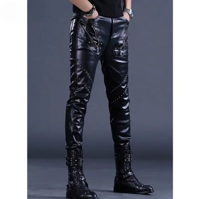 Men’s Rock Style PU Leather Pants – Slim Fit Motorcycle Trousers with Rivet Zipper