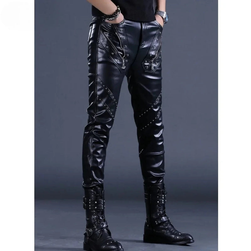 Men’s Fashion Rock Style PU Leather Pants, Sexy Night Club Dance Pants, Rivets Zipper Faux Leather Slim Motorcycle Trousers