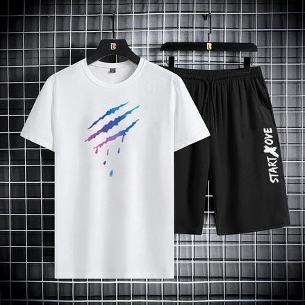 Men’s Trendy Summer Suit, Short Sleeve Tee and Shorts Set, 2-Piece Casual Gym Outfi