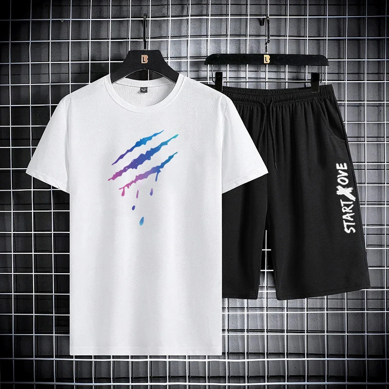Men’s Trendy Summer Suit, Short Sleeve Tee and Shorts Set, 2-Piece Casual Gym Outfit, Student Tracksuit