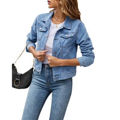 Women’s Denim Jacket, Casual Slim Fit Jean Jacket, Long Sleeve, Lapel Button-Down, Fall Winter Coat