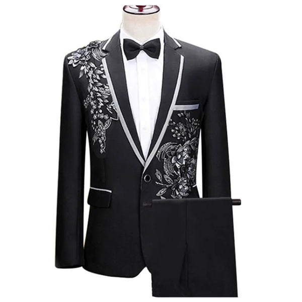 (Jacket + Pants) Men’s Fashion Wedding Banquet Party Flower Suit, Singer Pianist Stage Performance Splicing Dress Blazer and Trouser