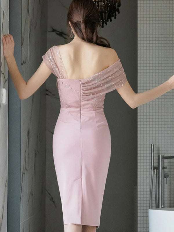 Fashion Evening Dress for Women, Elegant Sparkly Shiny Sequin, Sexy Off-Shoulder Backless Midi Party Prom Mujer Vestido