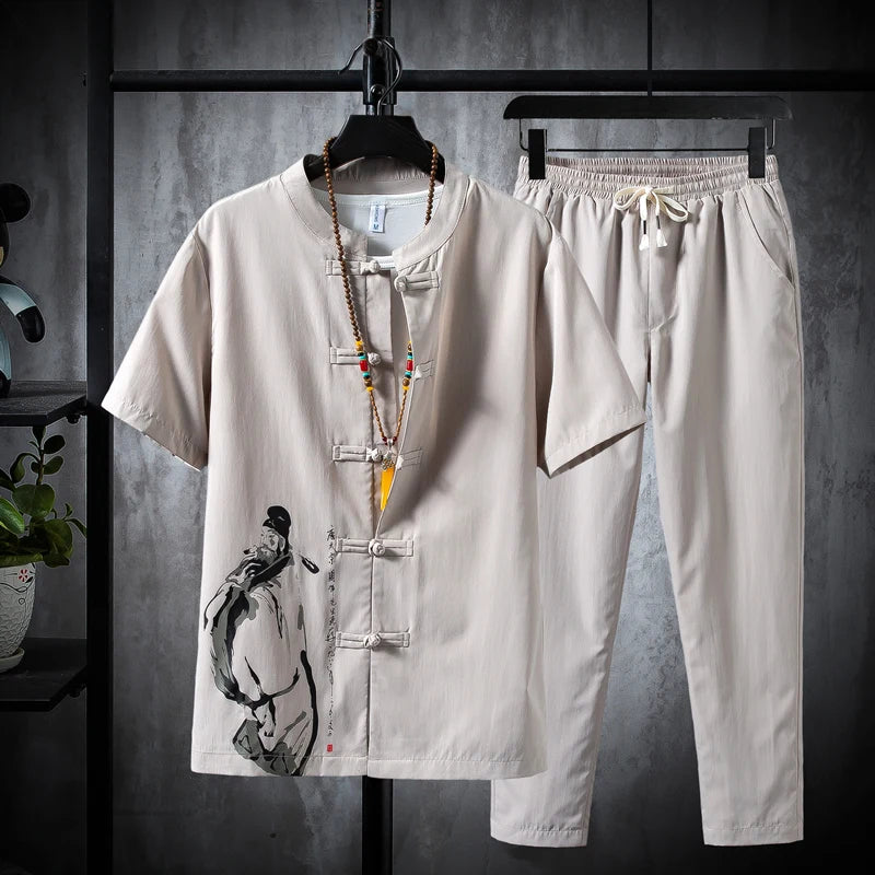 Men’s Summer Shirt & Trousers Set, Cotton Linen, Casual Two-Piece, Sizes M–5XL