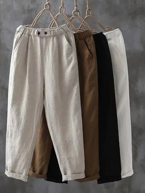 Fashion Elegant Women’s Pants, Cotton Linen High-Waisted Harun Long Pants, Casual Elegant Loose Fit Pants