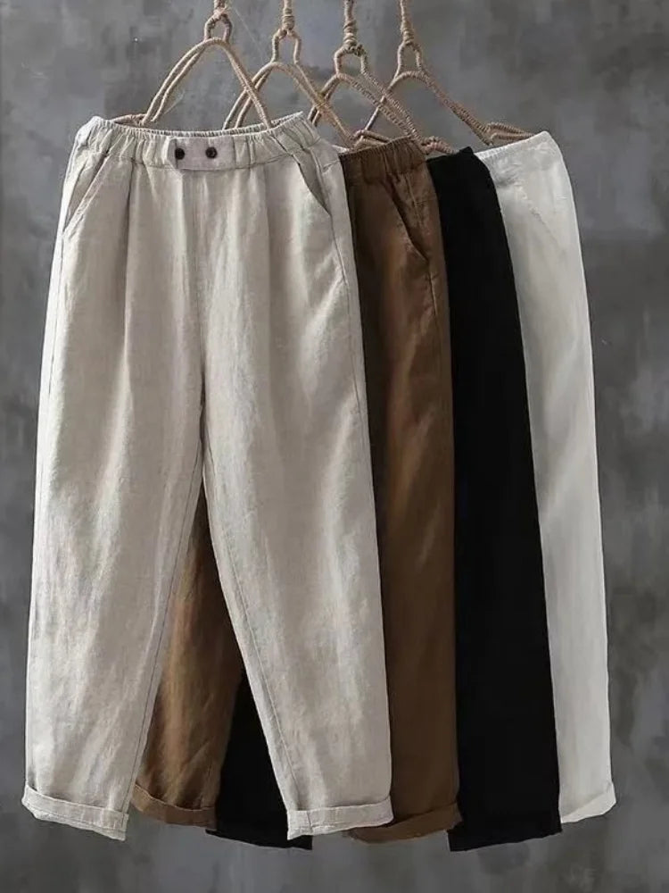 Fashion Elegant Women’s Pants, Cotton Linen High-Waisted Harun Long Pants, Casual Elegant Loose Fit Pants