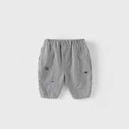 2026 Fall New Toddler Kids Pants Cotton Cartoon Embroidered Harem Pants Baby Boy Casual Striped Denim Baggy Trousers