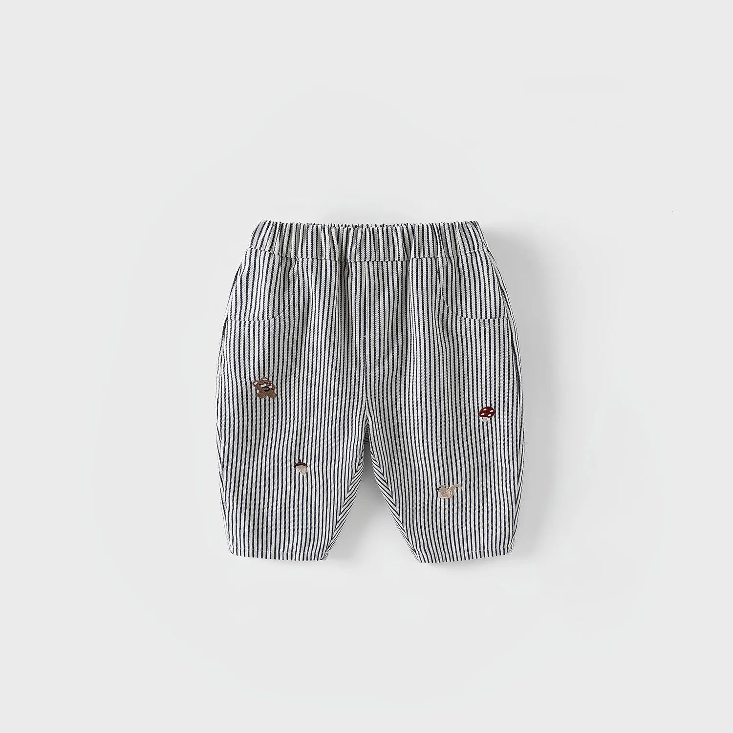 2026 Fall New Toddler Kids Pants Cotton Cartoon Embroidered Harem Pants Baby Boy Casual Striped Denim Baggy Trousers