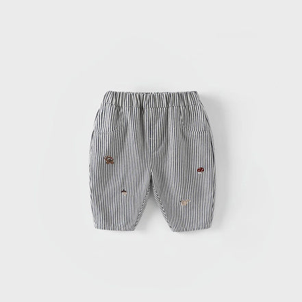 2026 Fall New Toddler Kids Pants Cotton Cartoon Embroidered Harem Pants Baby Boy Casual Striped Denim Baggy Trousers