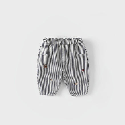 2026 Fall New Toddler Kids Pants Cotton Cartoon Embroidered Harem Pants Baby Boy Casual Striped Denim Baggy Trousers