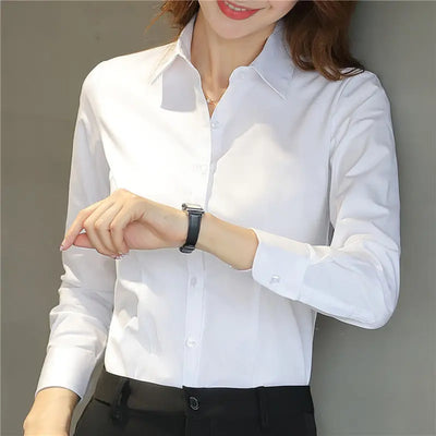 Women’s White Long-Sleeve Shirt, Formal Work Top, Professional Office Blouse, Plus Size