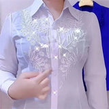 Fashion White Red Blue Shirts For Women New Temperament Design Embroidered Rhinestone Spring Autumn Summer Shirt Blous