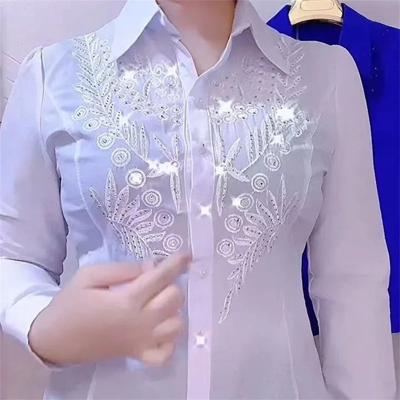 Fashion White Red Blue Shirts For Women New Temperament Design Embroidered Rhinestone Spring Autumn Summer Shirt Blous