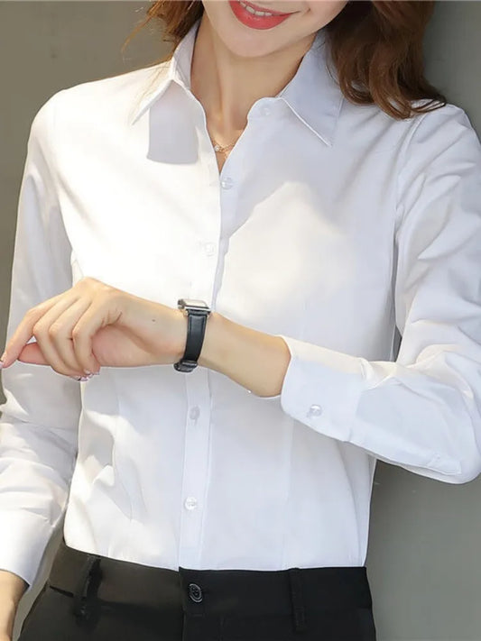 Women’s White Long-Sleeve Shirt, Formal Work Top, Professional Office Blouse, Plus Size